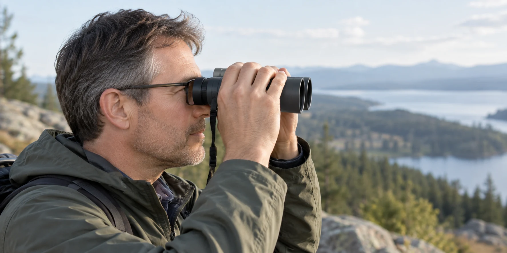 Eyeglass wearer using unbranded binoculars at a nature overlook